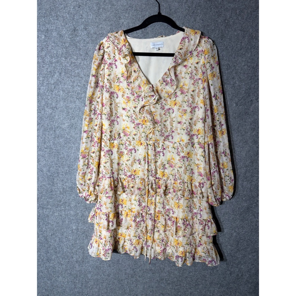 Lucy Paris Floral Ruffle Mini Dress Womens Size Medium Long Sleeve V-Neck Tiered - Picture 2 of 8